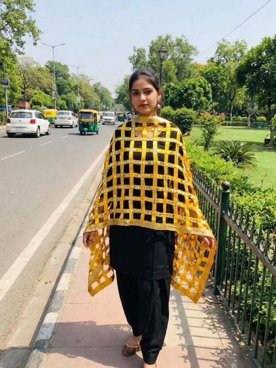 Mustard ribbon lattice dupatta with mirror work