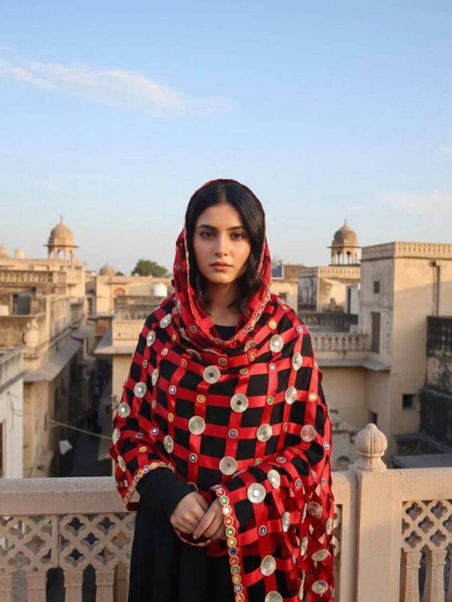 Deep red dupatta with round coin mirrors