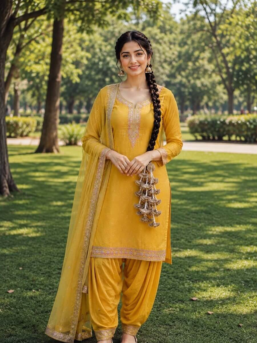 Golden parandi tassels resting over a mustard suit