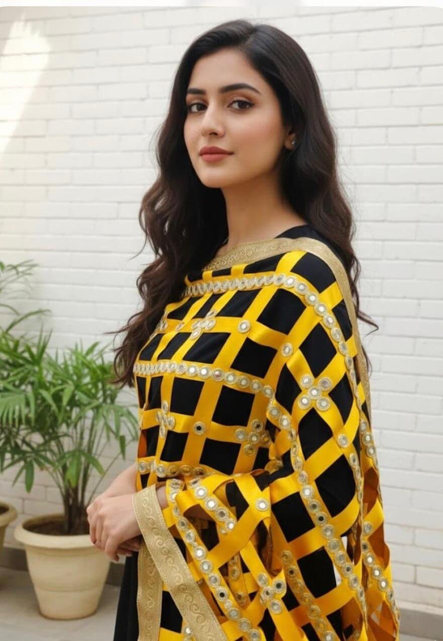 Mustard ribbon lattice dupatta with mirror work, worn over black