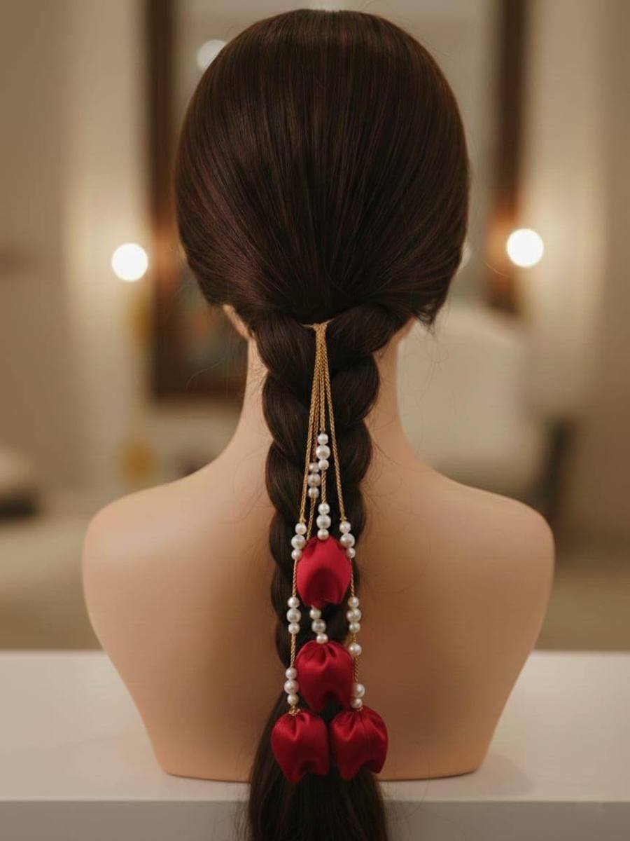 Braid parandi with pearl strands and red satin roses
